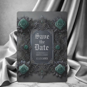 Gothic Aquamarin Grey Floral Wedding Save the Date