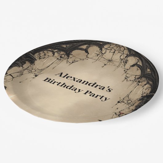 Gothic Arch Black Rose Birthday Pappteller (Schrägansicht)