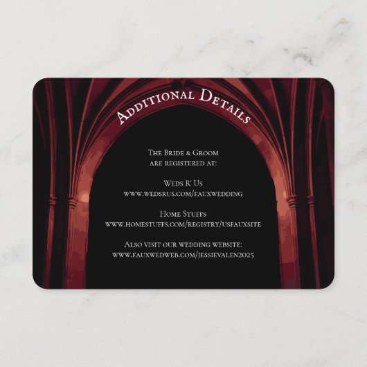 Gothic Arch Elegant Hochzeit Dunkelschwarz Rot Begleitkarte (Rückseite)
