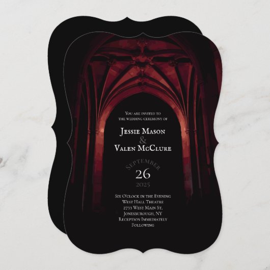 Gothic Arch Elegant Hochzeit Dunkelschwarz Rot Einladung (Vorne/Hinten)