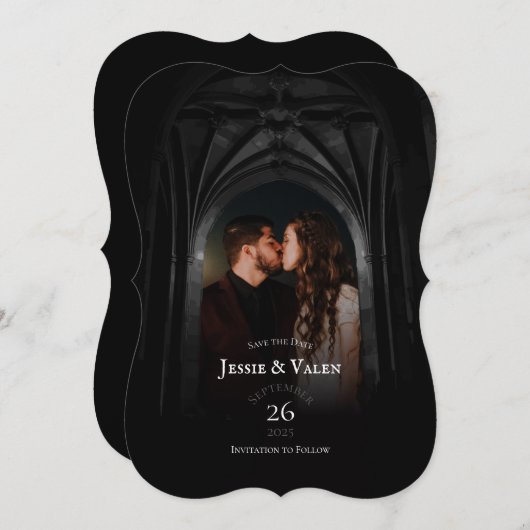 Gothic Arch Elegant Wedding Dark Save the Date Einladung (Vorne/Hinten)