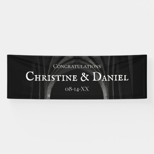 Gothic Arch Elegante Hochzeit Dunkelschwarz & Weiß Banner (Horizontal)