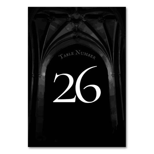 Gothic Arch Elegante Hochzeit Dunkelschwarz & Weiß Tischnummer (Rückseite)
