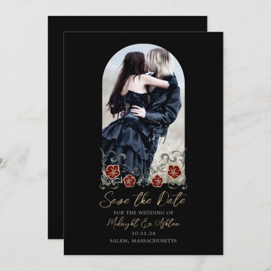 Gothic Arch Foto Black Wedding Save the Date (Vorne/Hinten)