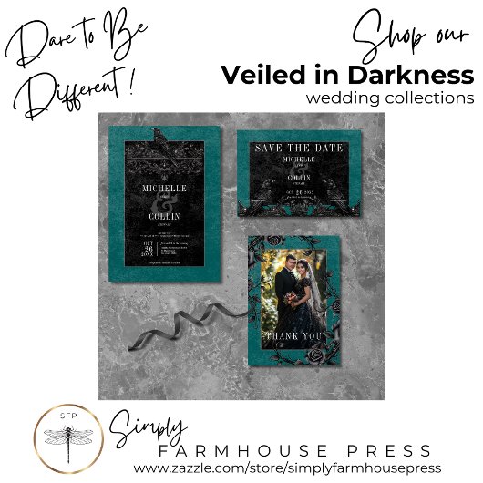 Gothic Arch Raven & Black Rose Aquamarines Abendes All In One Einladung