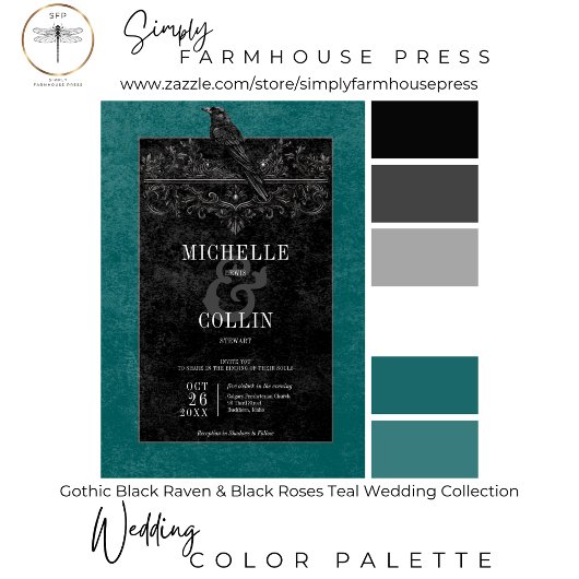 Gothic Arch Raven & Black Rose Aquamarines Abendes All In One Einladung