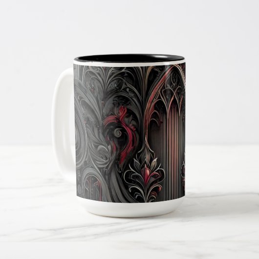 Gothic Arched Design Coffee Tasse - Black and Red  (Vorderseite Links)