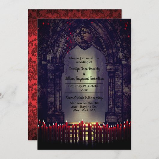 Gothic Archway mit Red Candles Wedding Einladung (Vorne/Hinten)