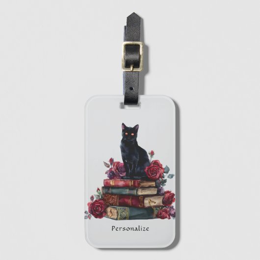 Gothic Art Black Cat Antique Bücher Crimson Rose Gepäckanhänger (Vorderseite Vertikal)