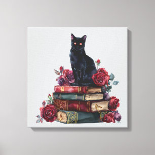 Gothic Art Black Cat Antique Bücher Crimson Rose Leinwanddruck