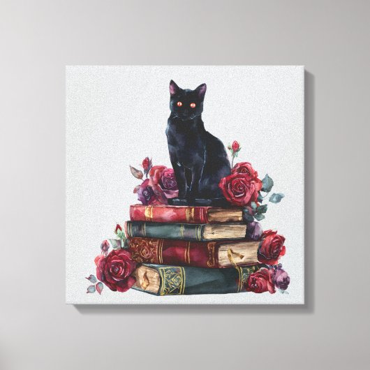 Gothic Art Black Cat Antique Bücher Crimson Rose Leinwanddruck (Vorderseite)