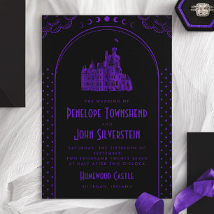 Gothic Art Deco Lila Schwarze Schloss Hochzeit Einladung