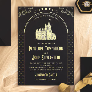 Gothic Art Deco Schwarze Goldene Schloss Hochzeit Folieneinladung