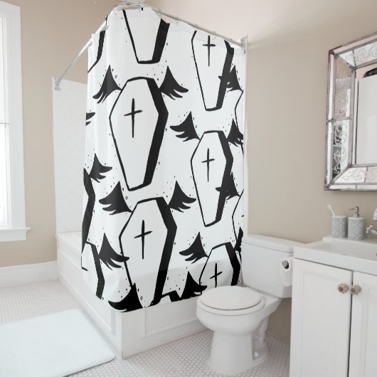 Gothic-Ästhetik aus schwarzem und weißem Bat-Coffi Duschvorhang (Beispiel)