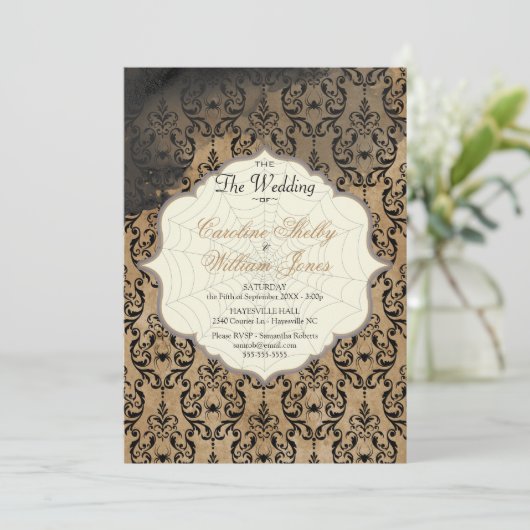 Gothic Autumn Gold Spider Web Wedding Einladung (Stehend Vorderseite)