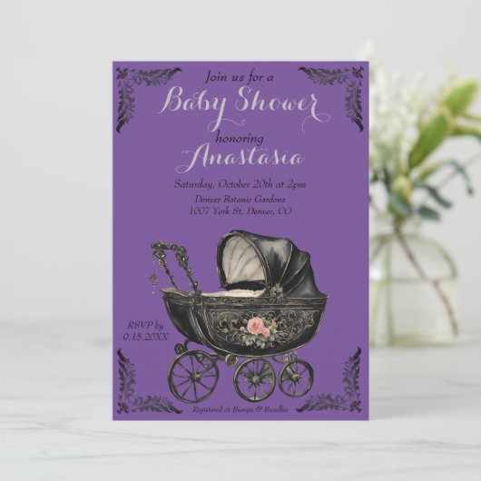 Gothic Baby Carriage Girl Baby Dusche Einladung (Stehend Vorderseite)