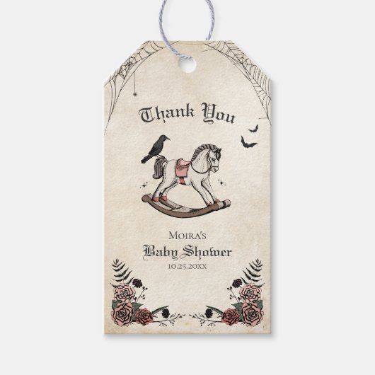 Gothic Baby Shower Rocking Pferd Vielen Dank Geschenkanhänger (Vorderseite)