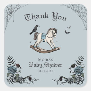 Gothic-Baby-Shower-Schaukelpferd Danke Quadratischer Aufkleber