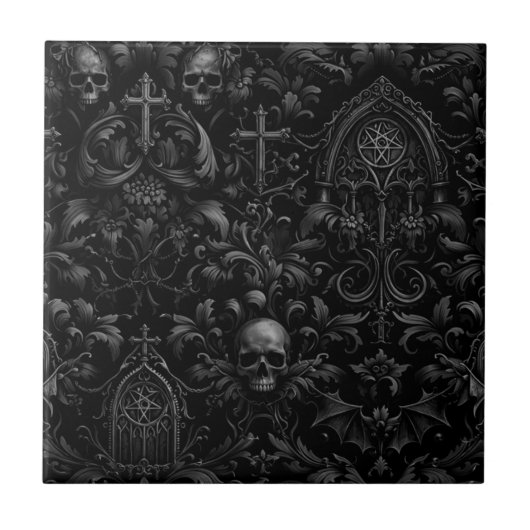 Gothic-Barock-Totenkopf-Muster in Schwarz Fliese (Vorderseite)