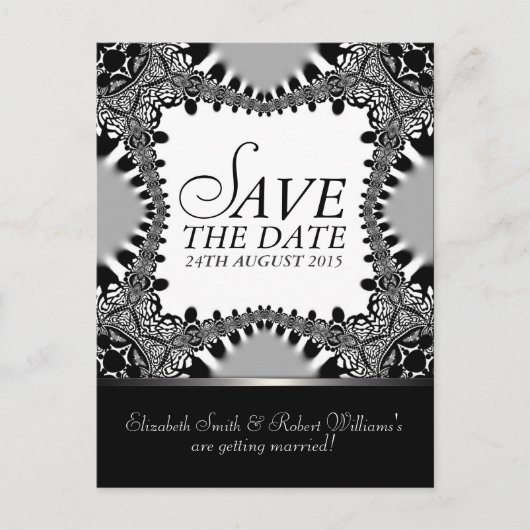 Gothic Batik Save the Date Black + Silver Postcard Ankündigungspostkarte (Vorderseite)