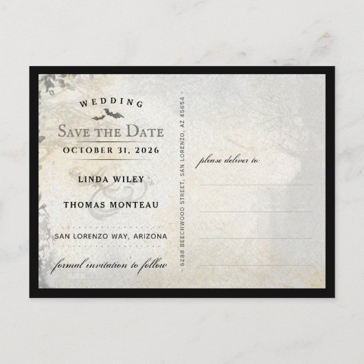Gothic Bats Gray Save the Date PostCard Postkarte (Rückseite)