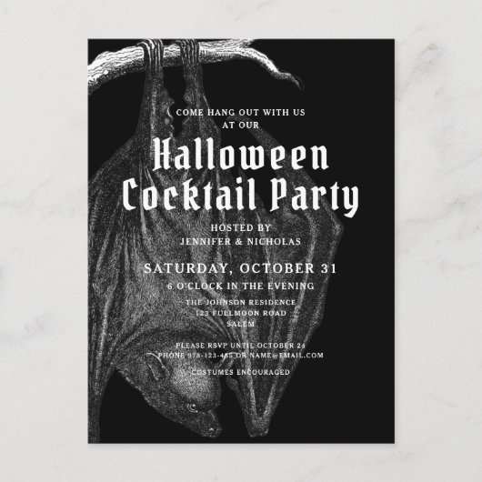 Gothic Bats Halloween Cocktail Party Einladung Postkarte (Vorderseite)