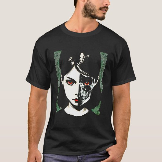 Gothic Beauty Half Face Half Skull Punk Grunge Got T-Shirt (Vorderseite)