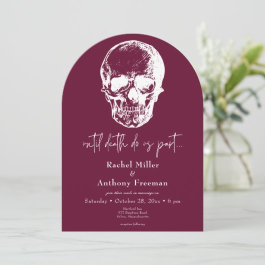 Gothic bis Death Skull Arch Hochzeit zwei Seiten Einladung (Stehend Vorderseite)