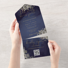 Gothic Black and Gold Floral QR Code Hochzeit All In One Einladung