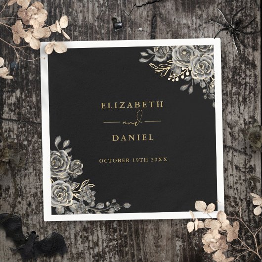 Gothic Black and Gold Rose Blumenhochzeit Serviette