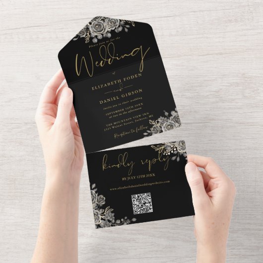Gothic Black and Gold Rose QR Code Wedding All In One Einladung (Abreißen)