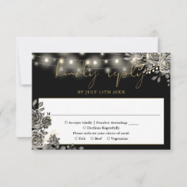 Gothic Black and Gold Rose String Lights Wedding RSVP Karte