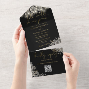 Gothic Black and Gold Roses Lights QR Code Wedding All In One Einladung
