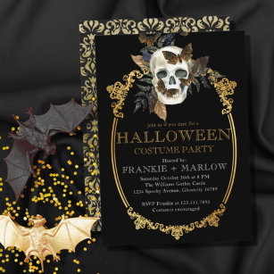 Gothic Black and Gold Skull Adult Halloween-Party Einladung