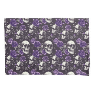 Gothic Black and Lila Skulls and Rose Beet Kissenbezug
