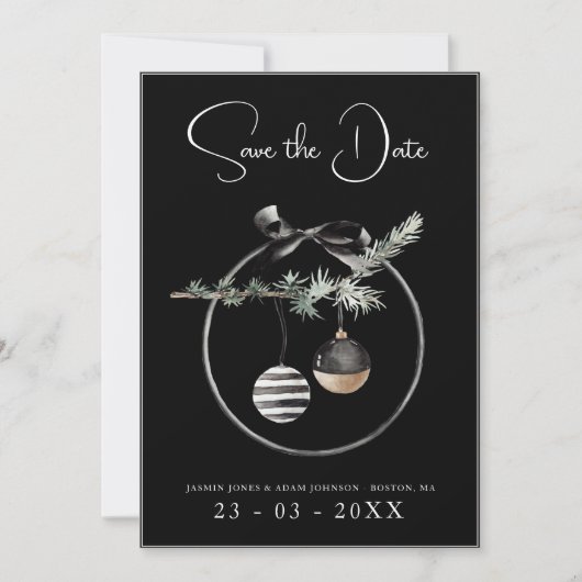 Gothic Black and White Christmas Baubles Save The Date (Vorderseite)