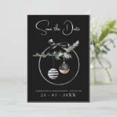 Gothic Black and White Christmas Baubles Save The Date (Stehend Vorderseite)