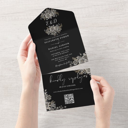 Gothic Black and White Monogram QR Code Wedding All In One Einladung (Abreißen)