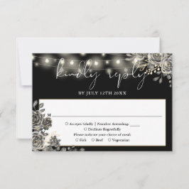 Gothic Black and White Roses String Lights Wedding RSVP Karte