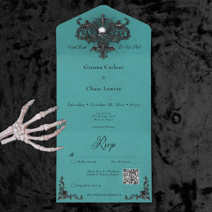 Gothic Black & Aquamarin Halloween Filigree QR Cod All In One Einladung