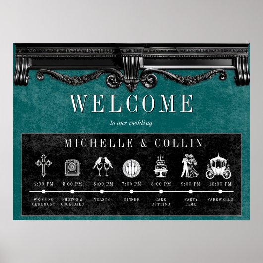 Gothic Black & Aquamarin Order of Events Wedding Poster (Vorne)