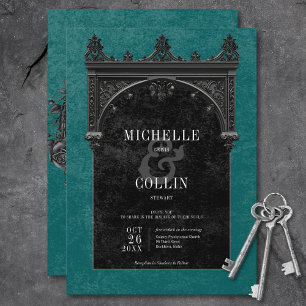 Gothic Black Arch & Black Rose Aquamarine Hochzeit Einladung