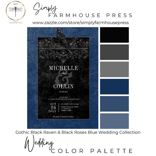 Gothic Black Arch & Black Rose Blue Dinner All In One Einladung