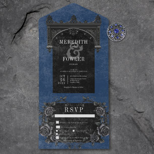Gothic Black Arch & Black Rose Blue Dinner All In One Einladung