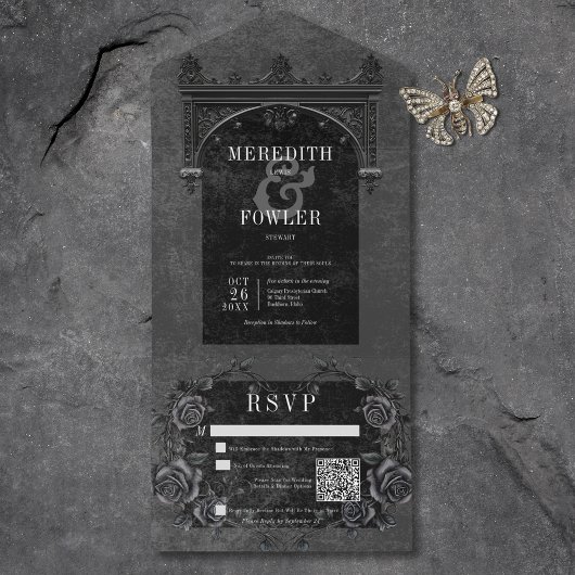 Gothic Black Arch & Black Rose QR Code All In One Einladung