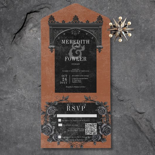Gothic Black Arch & Black Rose Rust QR Code All In One Einladung