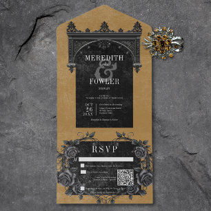 Gothic Black Arch & Black Roses Gold QR Code All In One Einladung