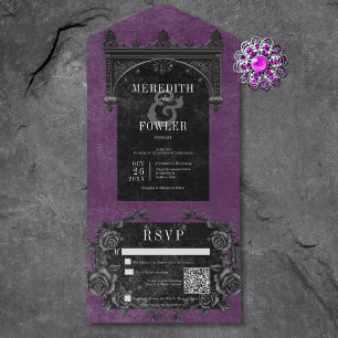 Gothic Black Arch & Black Roses Lila QR Code All In One Einladung