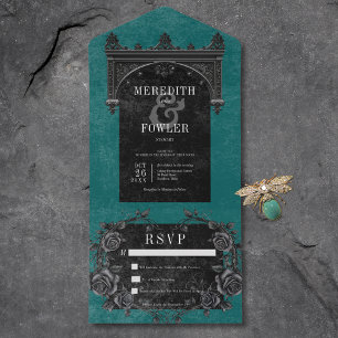 Gothic Black Arch & Black Roses Teal Kein Abendess All In One Einladung