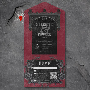 Gothic Black Arch & Black Roses Wein QR Code All In One Einladung
